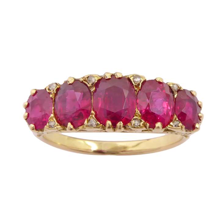 Late 19th century five stone ruby ring, English c.1890,